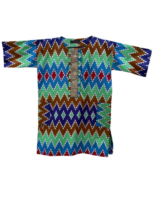 Vibrant Native Shirt with Ankara Geometric Print & Royal Golden Detailing